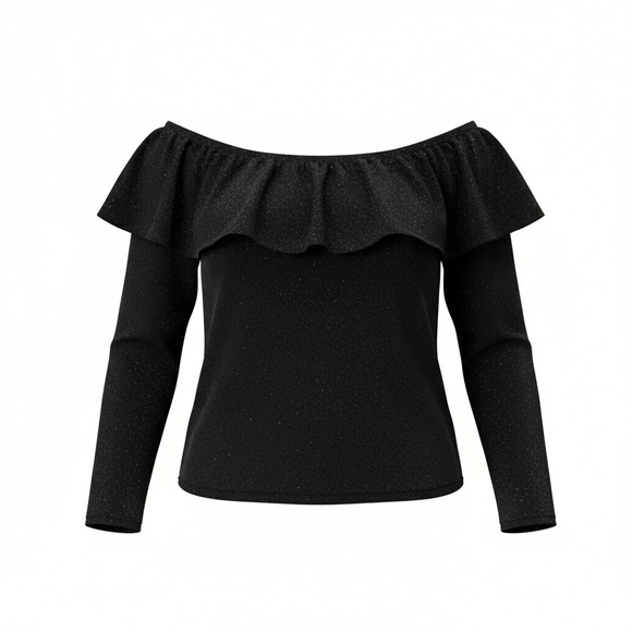 H&M Tops - Women's Shimmering Glitter Off The Shoulder Ruffle Black & Sliver Top Sz Lrg